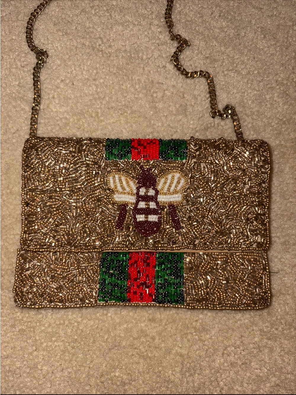 Gold Beaded Bee Accent Crossbody Bag with Red & Green Detail